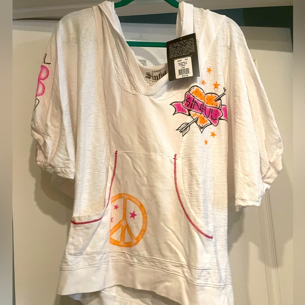 Sinful White Hooded Short-Sleeve Pullover with Neon Graphics